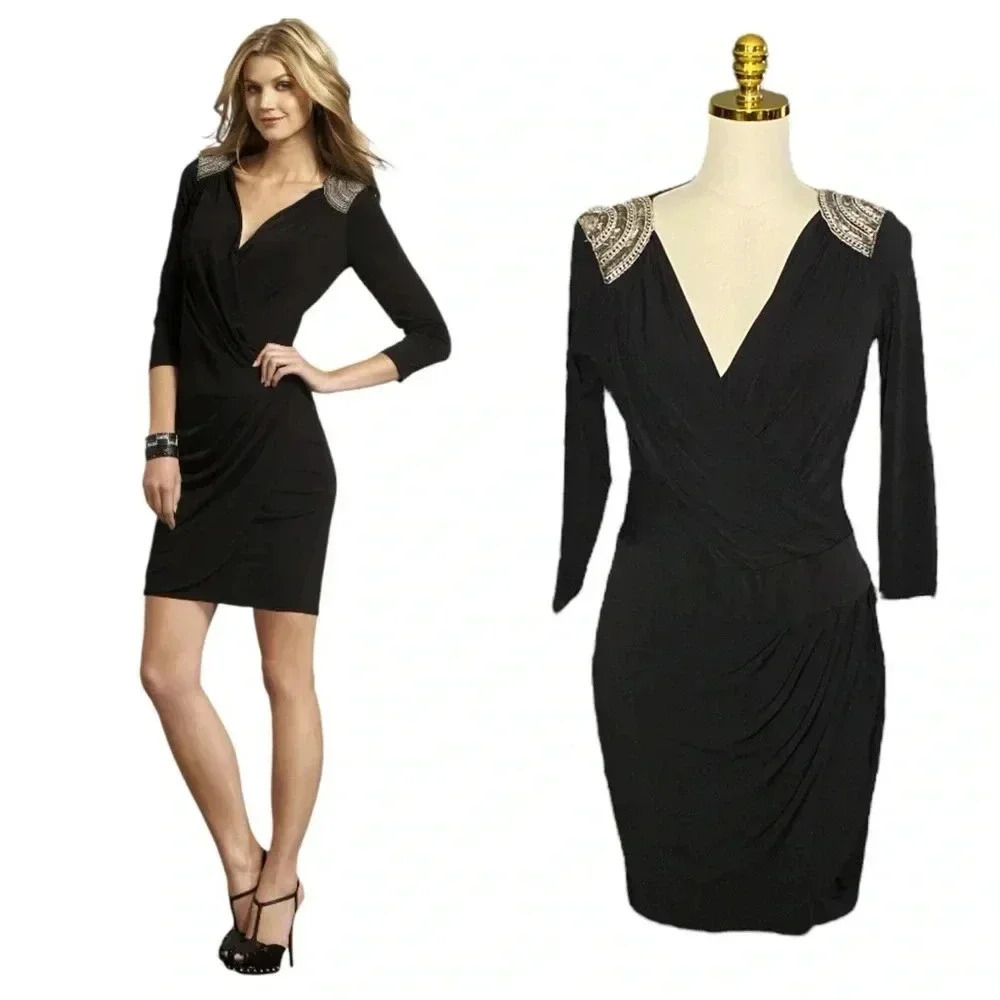 CACHE | Black Faux Wrap Shoulder Embedded Ruched Cocktail Mini Dress Size S